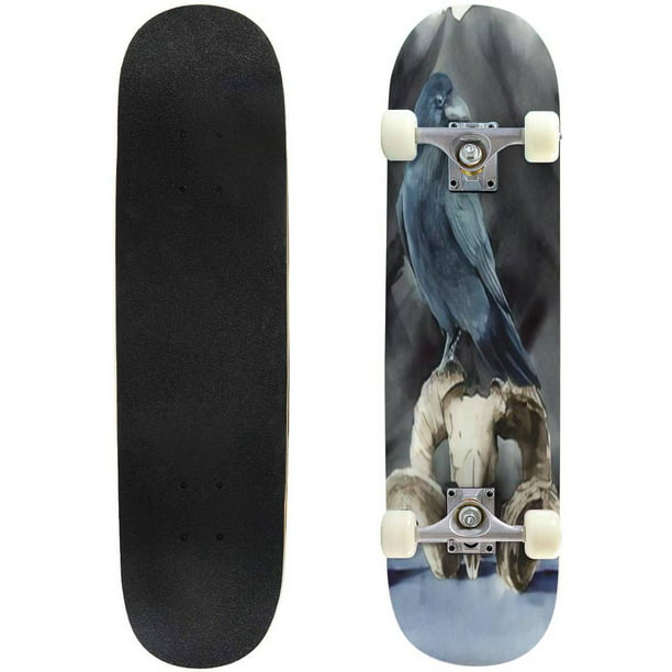 Watercolor picture a raven sitting on a ram skull with on black Outdoor Skateboard Longboards Pro Complete Skate Board Cruiser Walmart.com