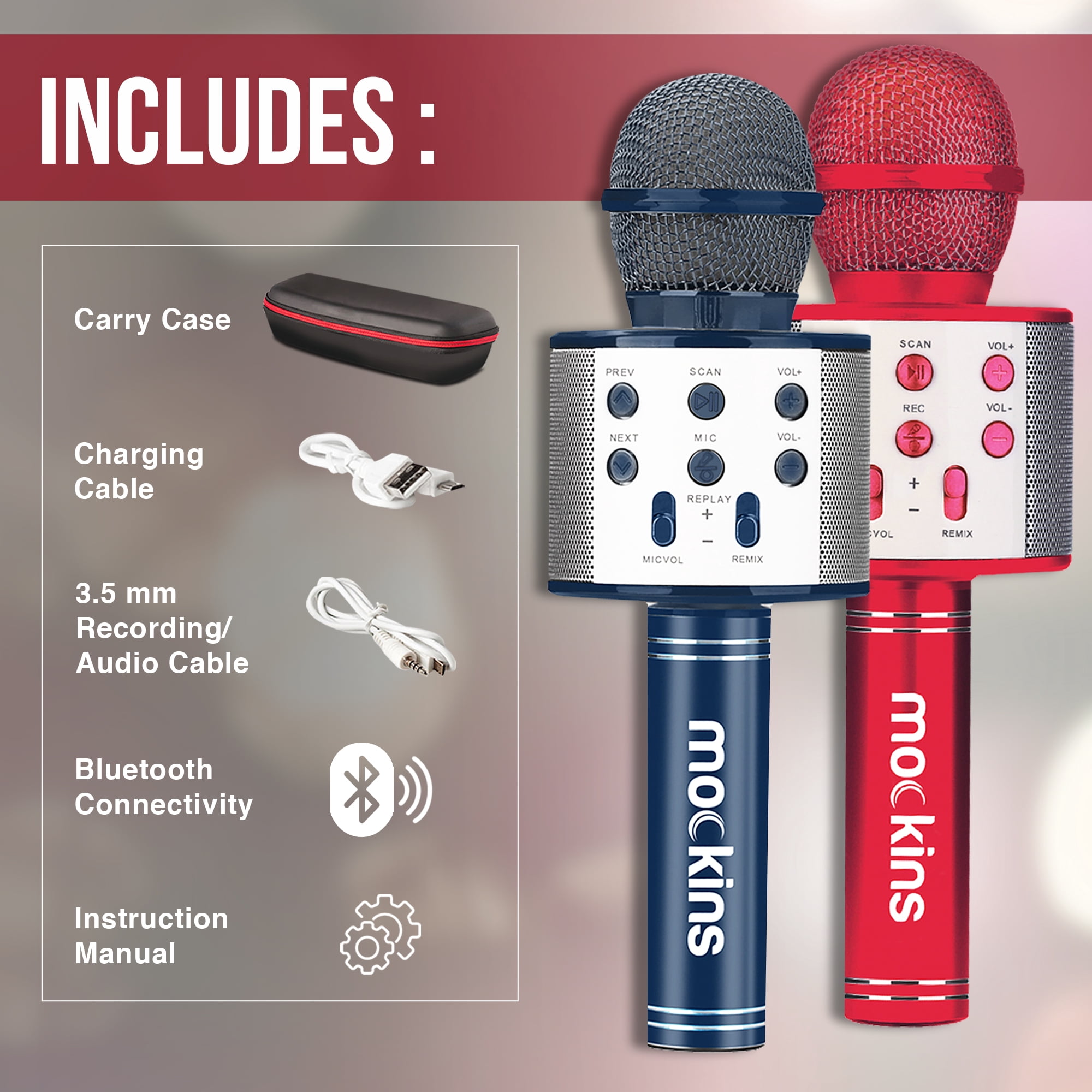 Mockins Navy & Red Karaoke Microphones with Bluetooth Speakers | Portable - Compatible with Android and IOS Devices | 2-Pack