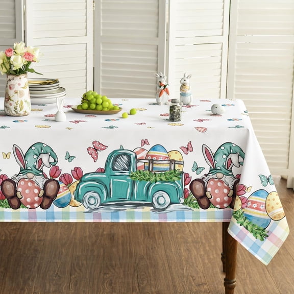 Easter Tablecloth 60×84 Inch, Truck Gnome Easter Eggs Washable Table Cover for Party Picnic Dinner Decor