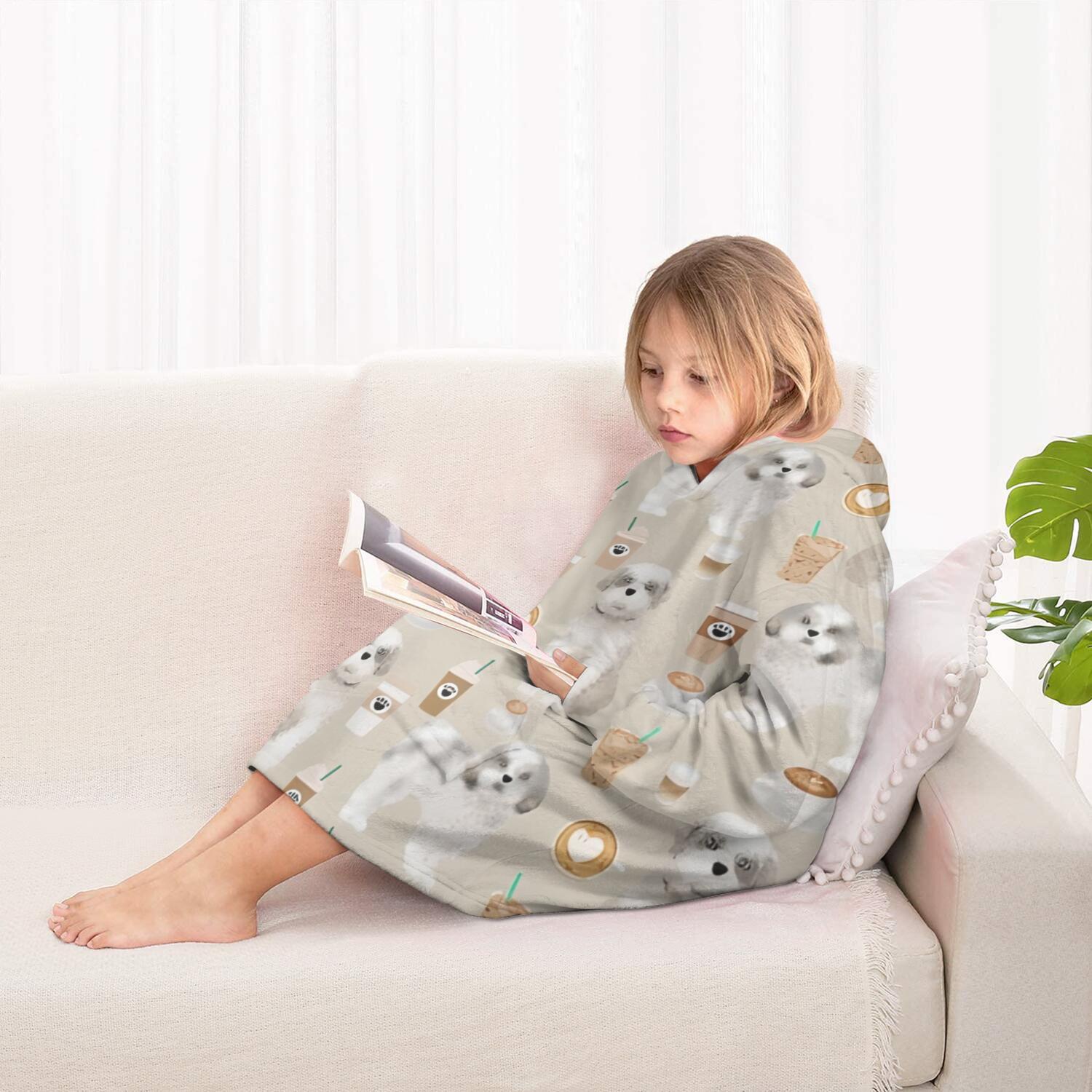 Cute Shih Tzu Dog and Coffee Pattern Blanket Hoodies for Kids 6-13YR Oversize Wearable Blanket Hoodies for Boys Girls Teens