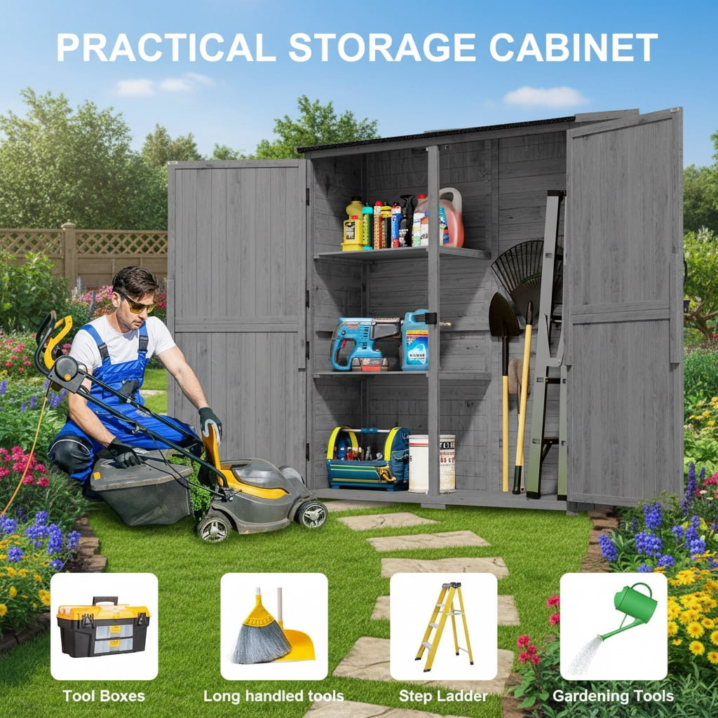 Aiho 55” Wide Outdoor Storage Shed with Lockable Double Doors - Weather-Resistant Garden Shed for Patio, Backyard & Lawn, Gray