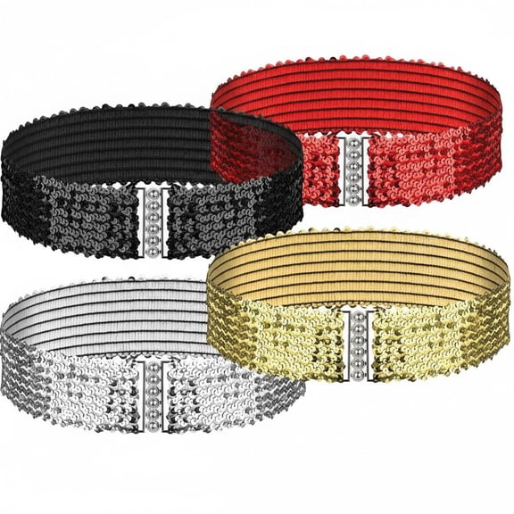 4 Pcs Glitter Sequin Belt, Wide Waist Elastic Belt Disco Metal Buckle Belts Clothing Accessories for Women Bridal Dance Party Dresses Costume