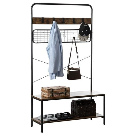 Basicwise QI004377 Vintage Brown Coat Rack Hall Tree with Storage for Entryway With 10 Hooks and Storage