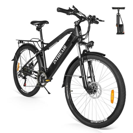 INTHEAIR 26 In. 350 W Electric Bicycle for Adults Commuter with 36- V/10.4 Ah Removable Battery for Men and Women, Shimano 21 Speed Gears, Black