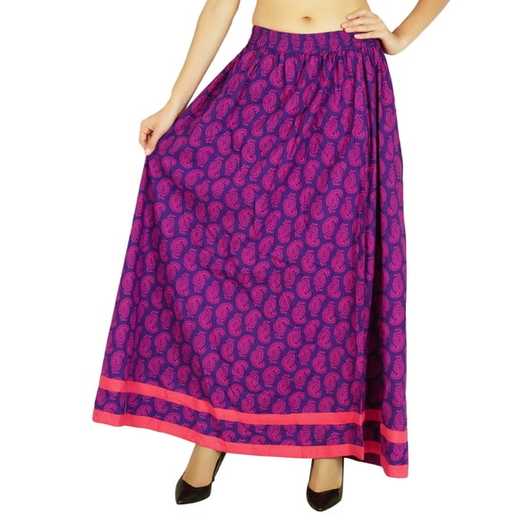 Amoghah Long Flaired Skirt Cotton Paisley Print Boho Style Elastic Waist Bottoms
