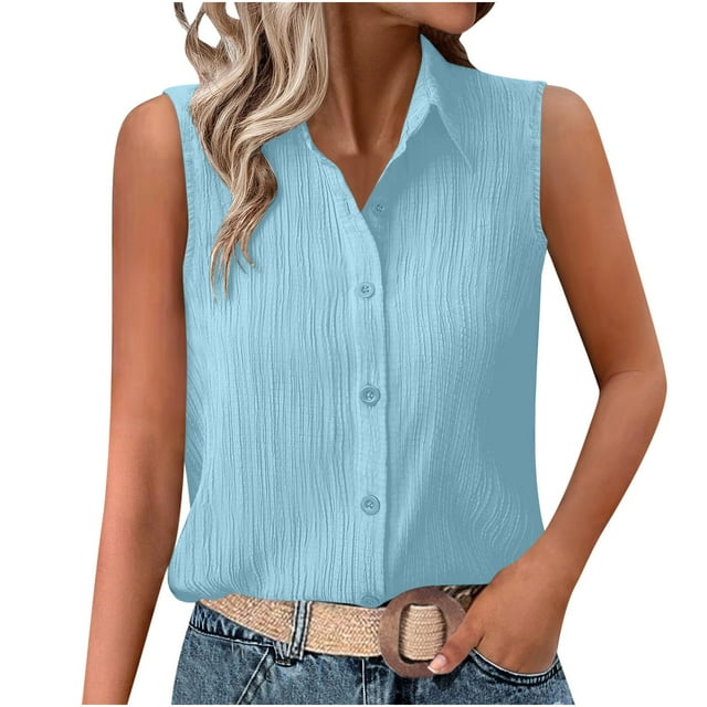 Lenpel Women's Sleeveless Button down Shirts Trendy Summer Solid Color Textured Collared Blouses Casual Tank Tops