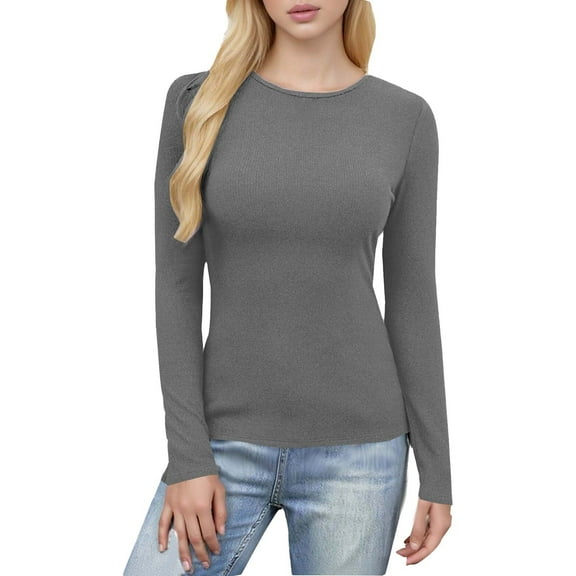 VNKIDY Women's Solid Color Ribbed Knit T Shirt Long Sleeve Crewneck Soft Stretchy Slim Fit Basic Top For Everyday Wear Soft Tops