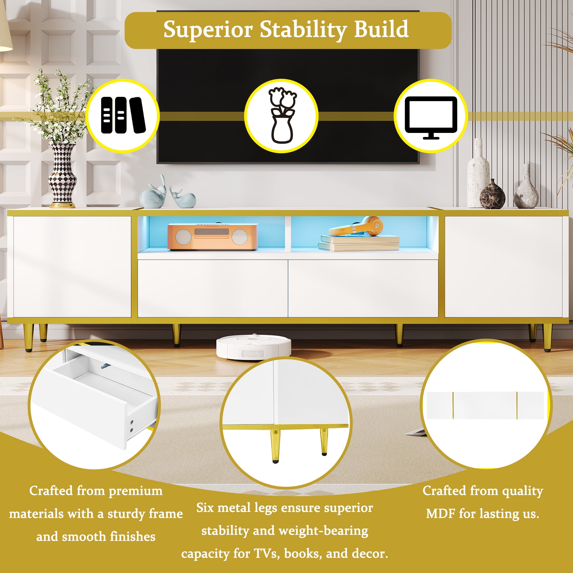 70.9" Modern TV Stand for TVs up to 80 Inches, Entertainment Center with 2 Shelves and LED Lights, TV Storage Cabinet with 2 Drawers, 2 Cabinets and Metal Legs for Living room