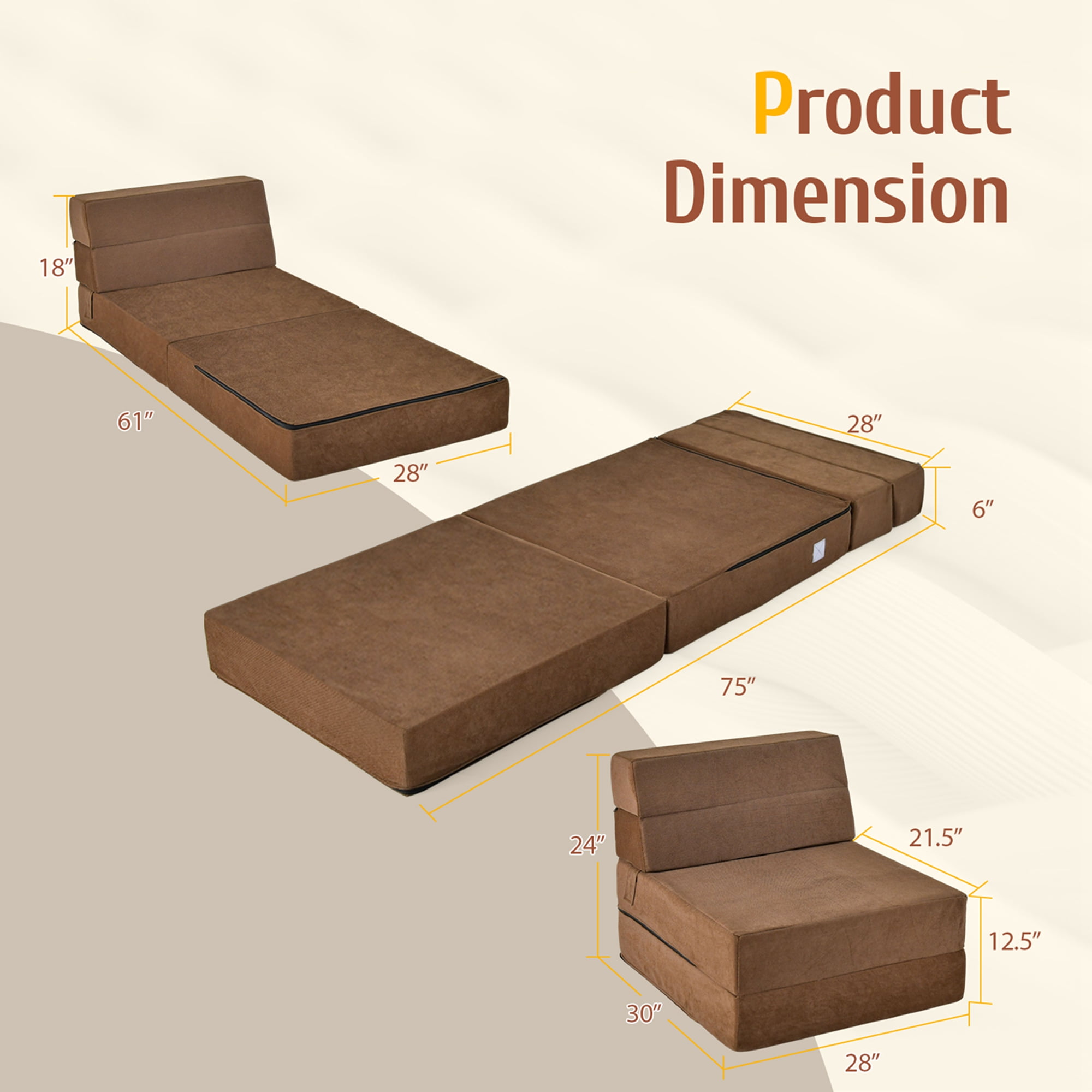 Costway Tri-Fold Fold Down Chair Flip Out Lounger Convertible Sleeper Bed Couch Dorm Brown