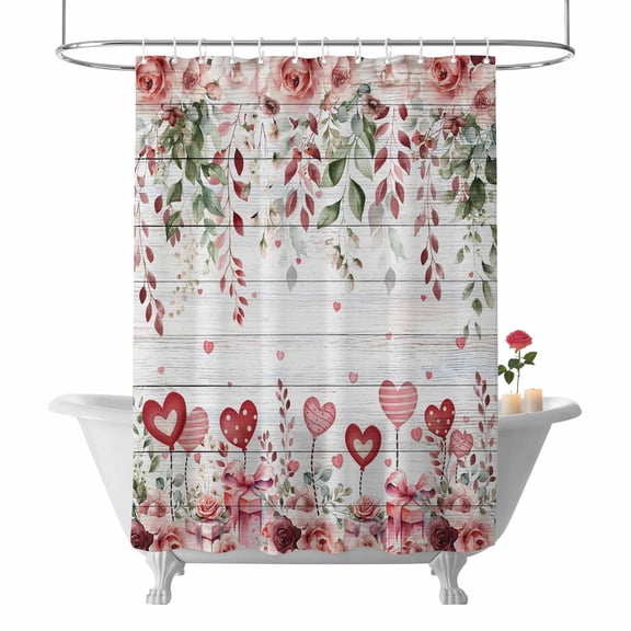Valentine's Day Shower Curtain Pink Rose Love Heart Bathroom Curtains with Hooks, Waterproof Fabric Gift Eucalyptus Leaves Wood Bath Shower Curtains Set for Bathroom Bathtubs Decor 72x72 Inch