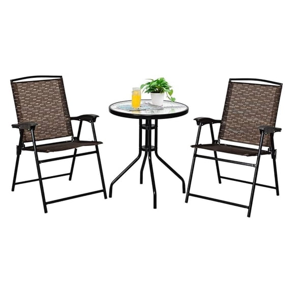 Patio Bistro Set, 3 Piece Outdoor Furniture Set w/Round Table & 2 Folding Chairs, Tempered Glass , Bistro Table and Chairs for Balcony, Porch, Courtyard, Brown