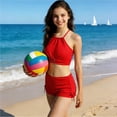 thumbnail image 5 of Pandaie Girls' Bandeau Bikini 2-Piece Swimsuit Solid Color Halter Tankini Kids Tank Tops Drawstring Shorts Bathing Set for Beach Vacation 13-14 Years Red, 5 of 9