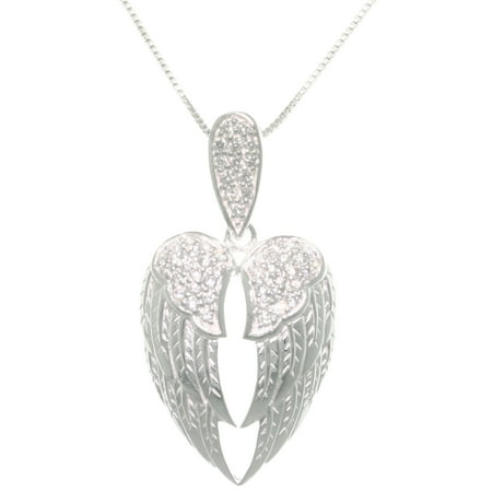Sterling Silver Pave Cubic Zirconia Angel Wings Pendant Necklace