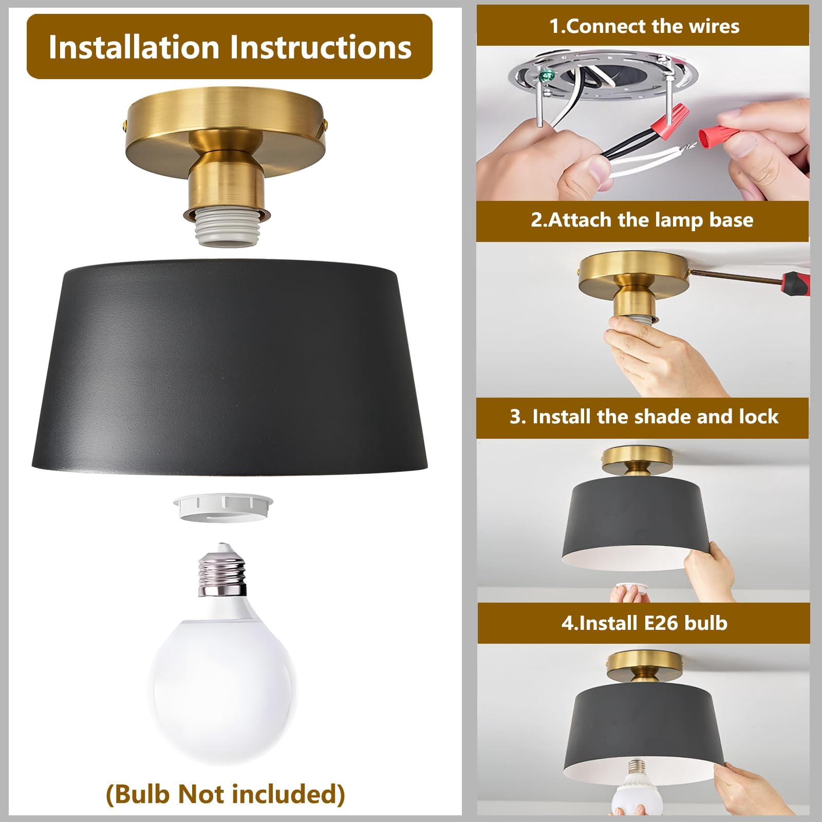 Modern Semi Flush Mount Ceiling Light 2 Pack,Metal Ceiling Light Fixture,E26 Ceramic Lamp Head,Black and Gold Ceiling Lamp for Hallway Kitchen Entryway Bedroom Laundry Room