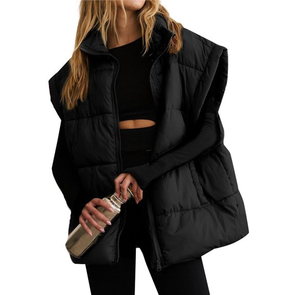Women Winter Oversized Puffer Vest Light-Weight Stand Collar Sleeveless Padded Puffy Jackets with Pockets