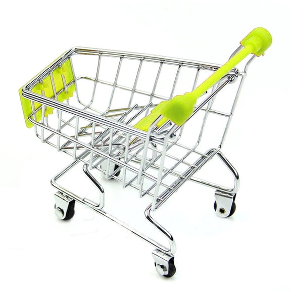 HCBY Mini Shopping Cart Toy with Green Handle, 4.72 in, Metal Wire Supermarket Trolley with Swivel Wheels for Kids Pretend Play