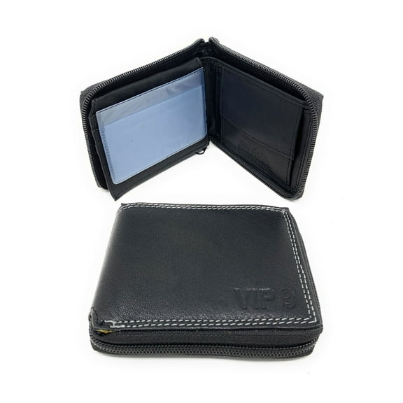 Empire Cove VIP Classic Genuine Leather Slim Bifold Wallets Zippered Flip Up ID Black