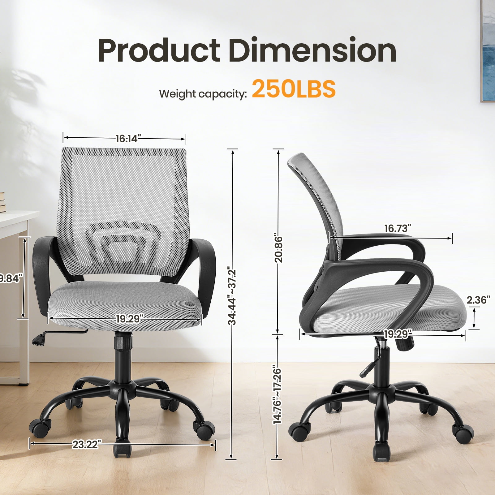 Gianna Ergonomic Office Chair, Mid-Back with Lumbar Support, Rocking and 360° Swivel for Home, Gaming, or Office