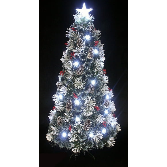 Snowy White Pine Pre-lit Flocked Christmas Tree/Flocked Fiber Optic Christmas Tree with Cool White LED Light and Star Tree Topper (3ft)