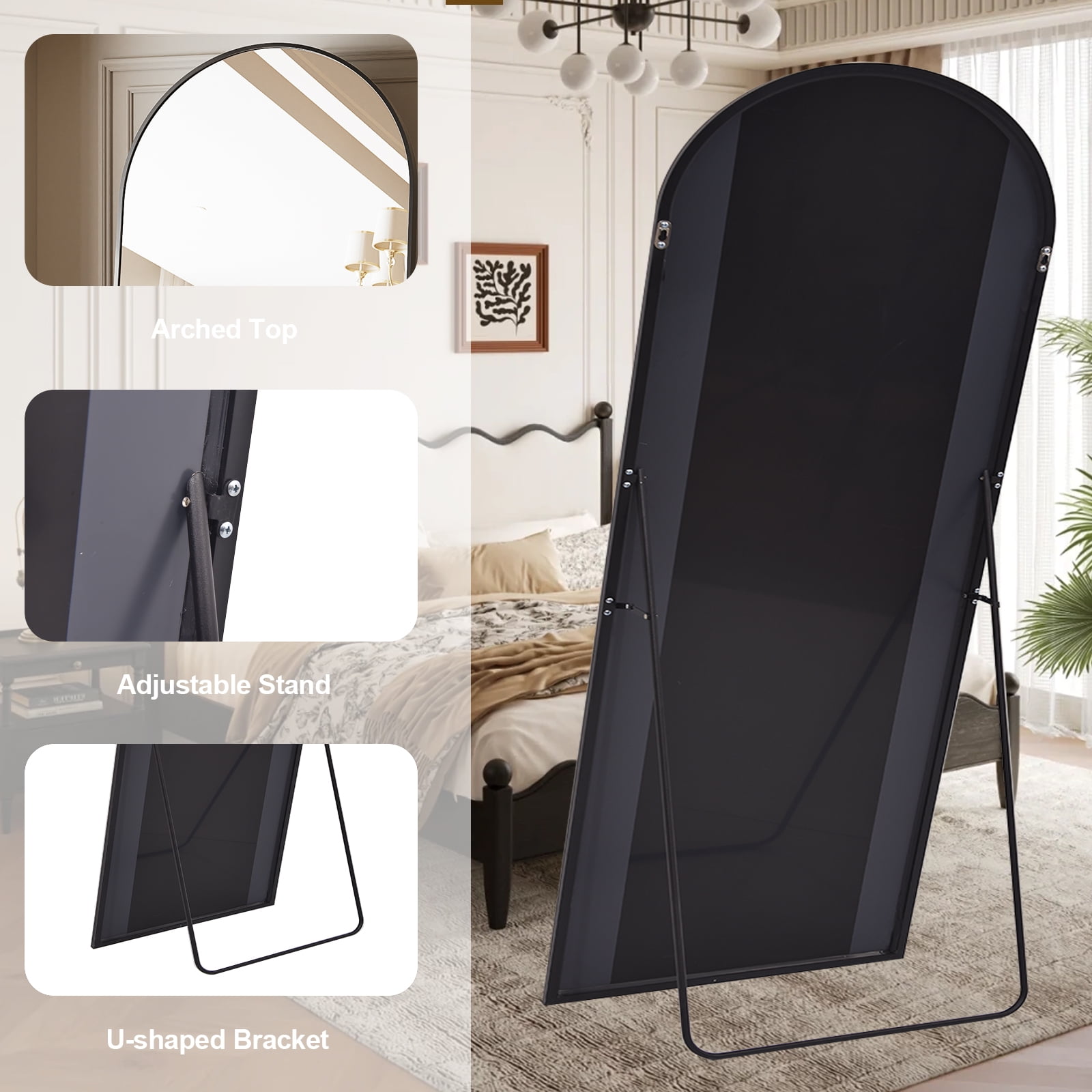 Anyrose 78.2"x35.2" Arched Large Full Length Mirror Free-Standing Wall-Mounted Floor Mirrors, Black