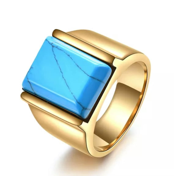K-KED Blue Turquoise Wedding Ring Stainless Steel Gold Plated Men's Vintage Band Rings-9