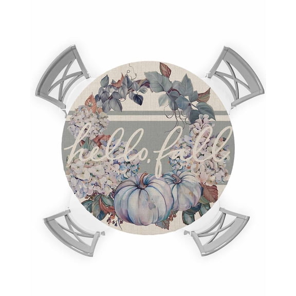 nqOlkjepod Blue Fall Round Tablecloth, Fitted Table Cover with Elastic for 55"-60" Round Tables, Pumpkins Wreath Rustic Thanksgiving Table Cloth Outdoor Indoor Dinning Party Waterproof Tablecloths
