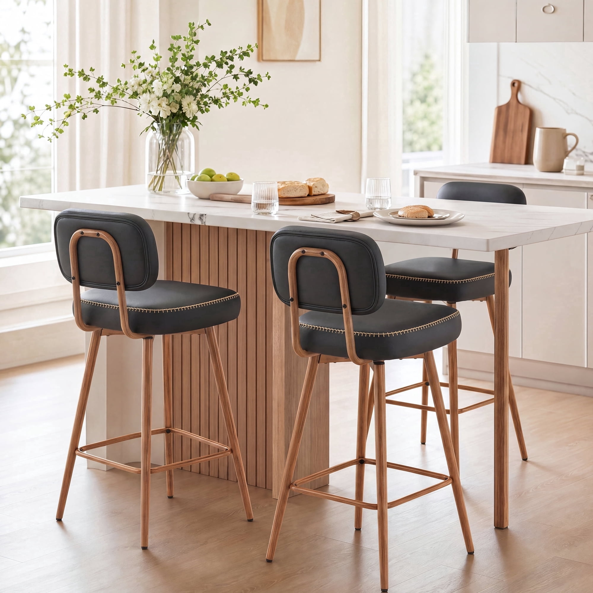 AFO 26.5" Set of 3 Counter Swivel Bar Stool, PU Leather Counter Height Barstools with Ergonomic Backrest, Black
