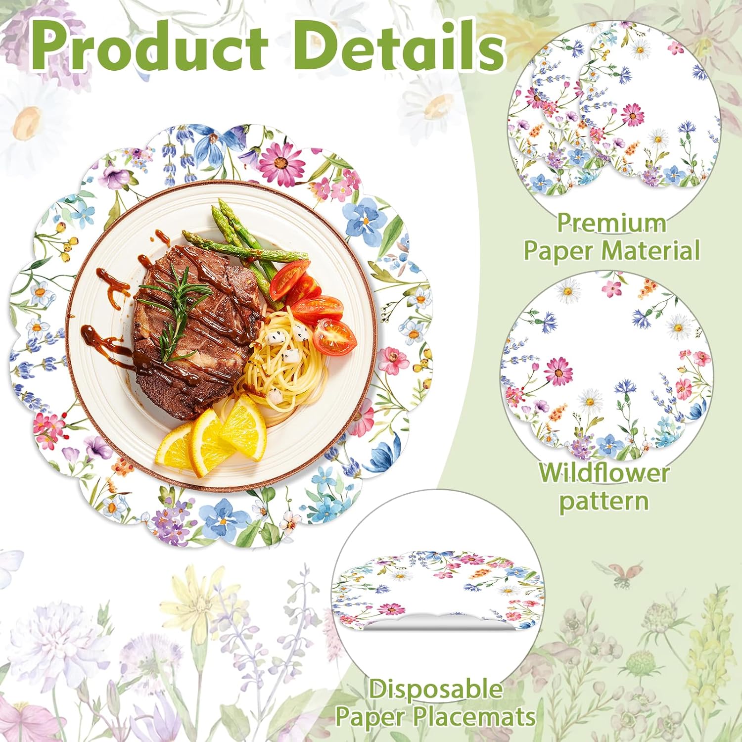 BAN 50Pcs Floral Round Paper Placemats,13.4 Inch Wildflower Disposable Place Mats Summer Scalloped Table Mats for Kitchen Dining Birthday Banquet Wedding Party Supplies