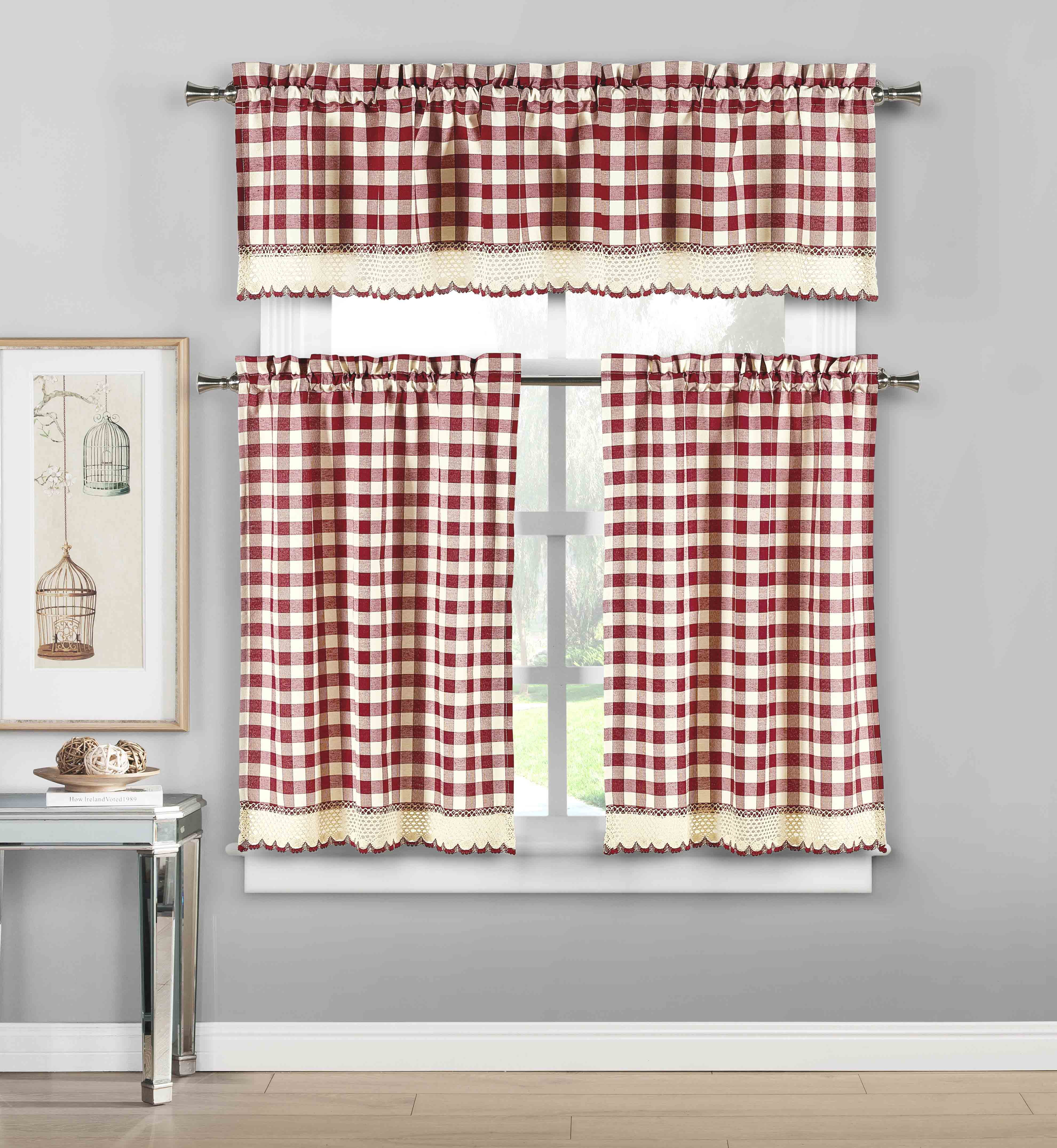 GINGHAM KITCHEN CURTAINS & TIE BACKS,FULLY WASHABLE IN 3 GREAT COLOURS. 