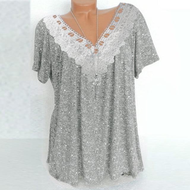 Puntoco 2024, tops a la moda de verano para mujer, camisas informales a la moda con estampado, tops de manga corta, blusa con costuras de encaje y cuello en V