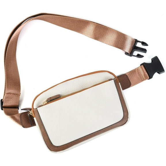 Belt Bag for Women,PU Leather for Women Crossbody Trendy Waist Bag with Adjustable Strap Running Traveling Hiking(White Brown)