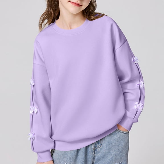 Girls' Purple Bow Embellished Pullover Sweatshirt - Soft Stretchy Nylon Spandex, Crewneck with Ribbed Hem, Casual School Play Wear for 4-14 Years,Size 4-5 T
