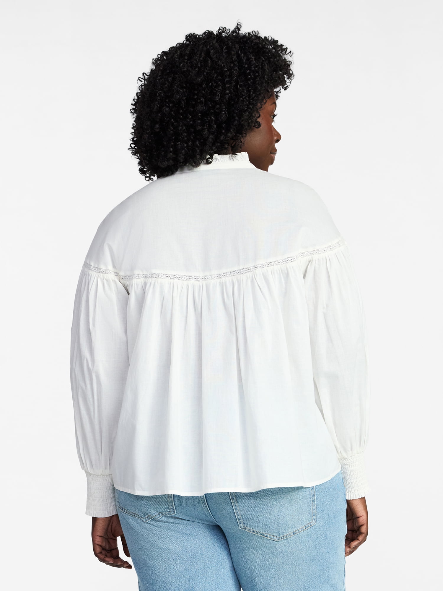 Terra & Sky Women's Plus Size Lace Inset Blouse with Long Sleeves, Sizes 0X-5X