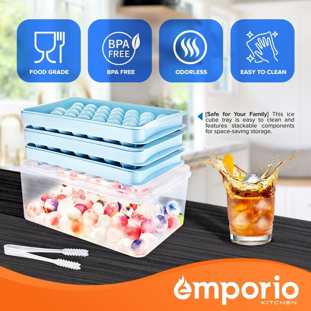 Round Ice Cube Tray with Lid and Bin – Creates 198 Ice Balls (1.1 Inch Size), Stackable Ice Cube Trays, Easy-Release Ice Balls for Drinks and Cocktails, Pack of 2 (6 Trays), Blue