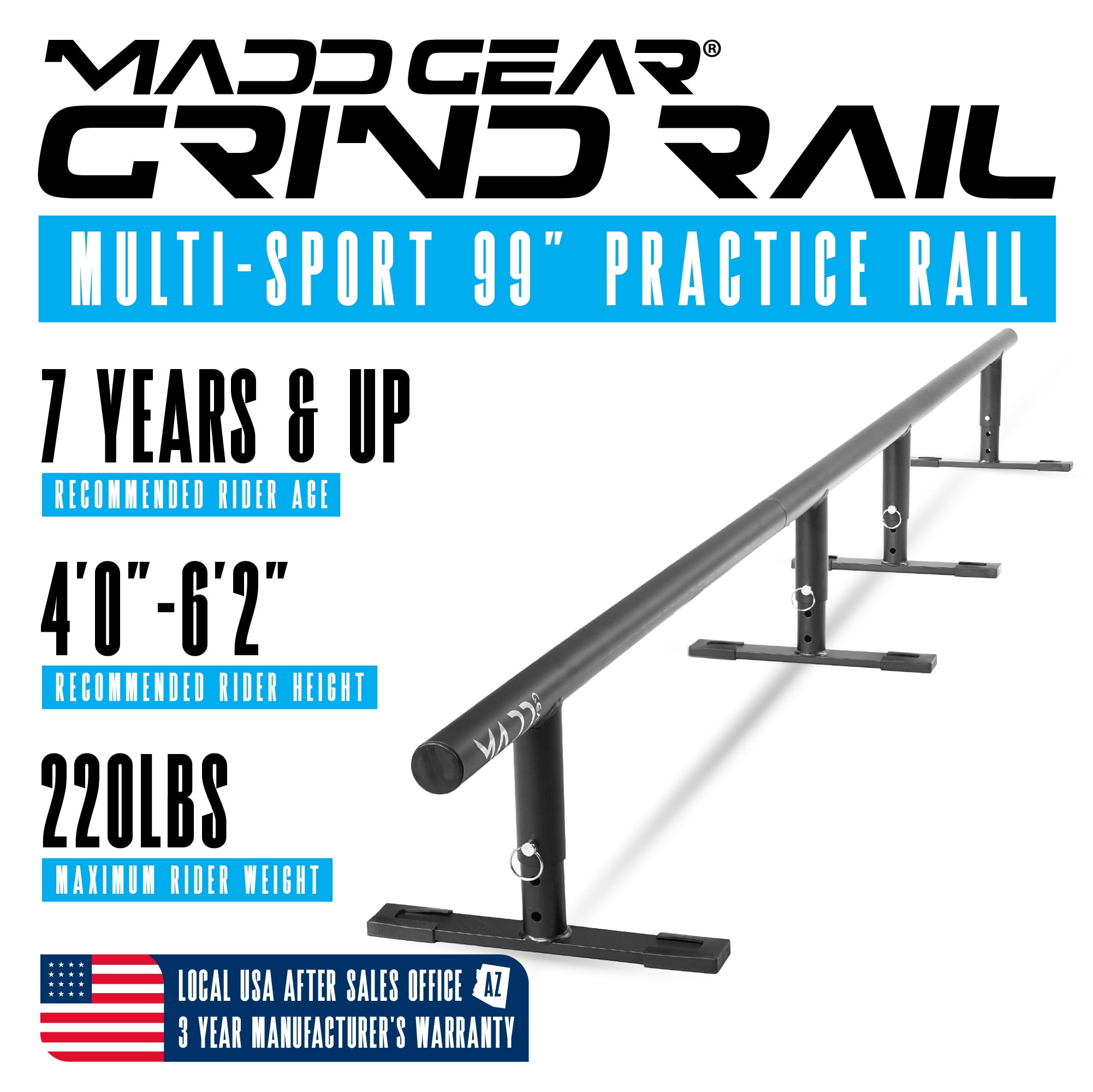 Madd Gear Grind Rail - 99" Long - 3-Step Adjustable Height - Extra Stability Practice Skate Rail