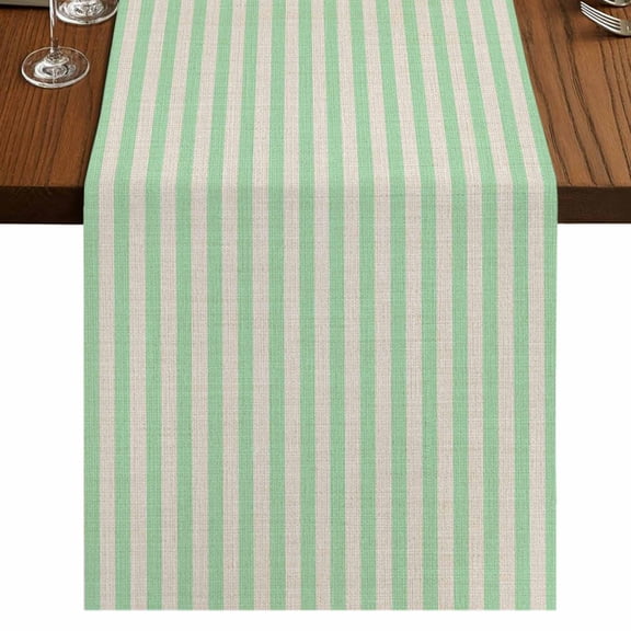 Sage Green Striped 48 Inch Table Runner, Modern Simple Farmhouse Beige Farmhouse Dresser Scarf Cotton & Linen Tablerunner for Dining/Kitchen Island/Holiday Party Décor 13" x 48"