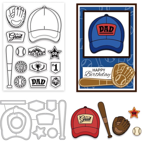 Baseball Theme Clear Stamps and Die Cuts Baseball Cap Gloves Bat Silicone Stamp Cards and Metal Cutting Die for Card Making and DIY Embossing Scrapbooking Silver
