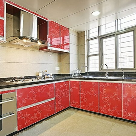 Yazi Self Adhesive Pvc Laser Peony Shelf Liner Kitchen Contact Paper 24x98 Inches Red