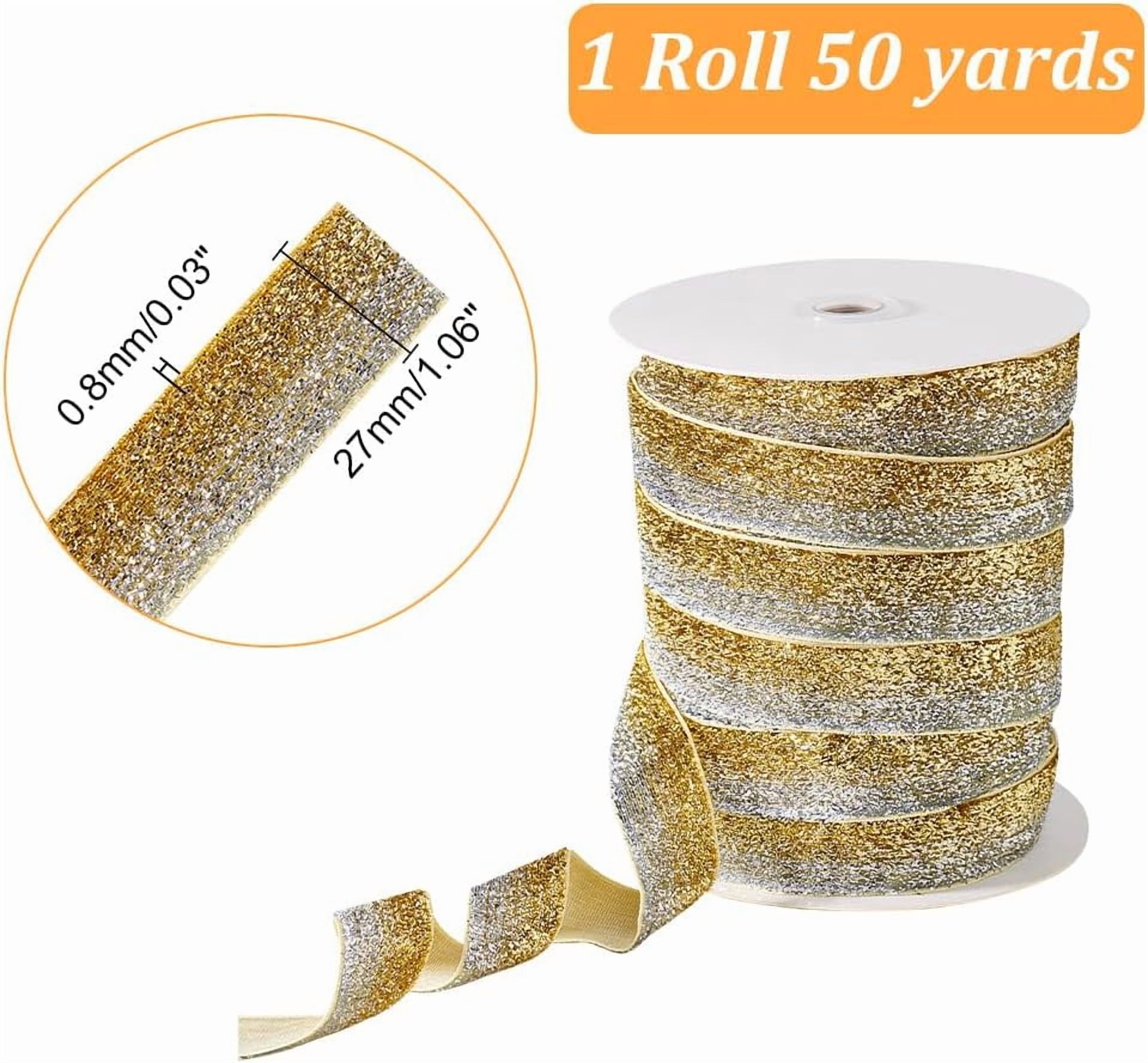 1roll 50 Yards(45.7m) Christmas Gold Metallic Ribbon 1 inch(2.7cm) Width Single Face Wide Ribbon with Spool Sparkle Polyester Ribbon for Holiday Wedding Birthday Party Decor Wrapping Silver