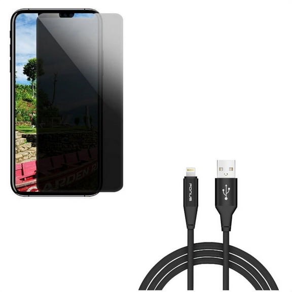10ft USB Cable w Privacy Screen Protector for iPhone XR - Charger Cord Power Wire Braided, Tempered Glass Curved Anti-Spy Anti-Peep