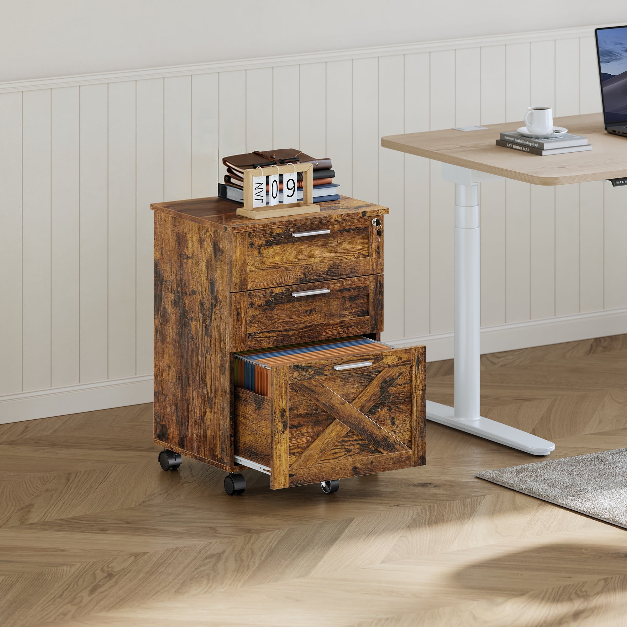 3-Drawer File Cabinet with Lock, Mobile Under Desk Filing Cabinet for Home Office, Wood Storage Organizer for Letter/a4/Legal Size Documents