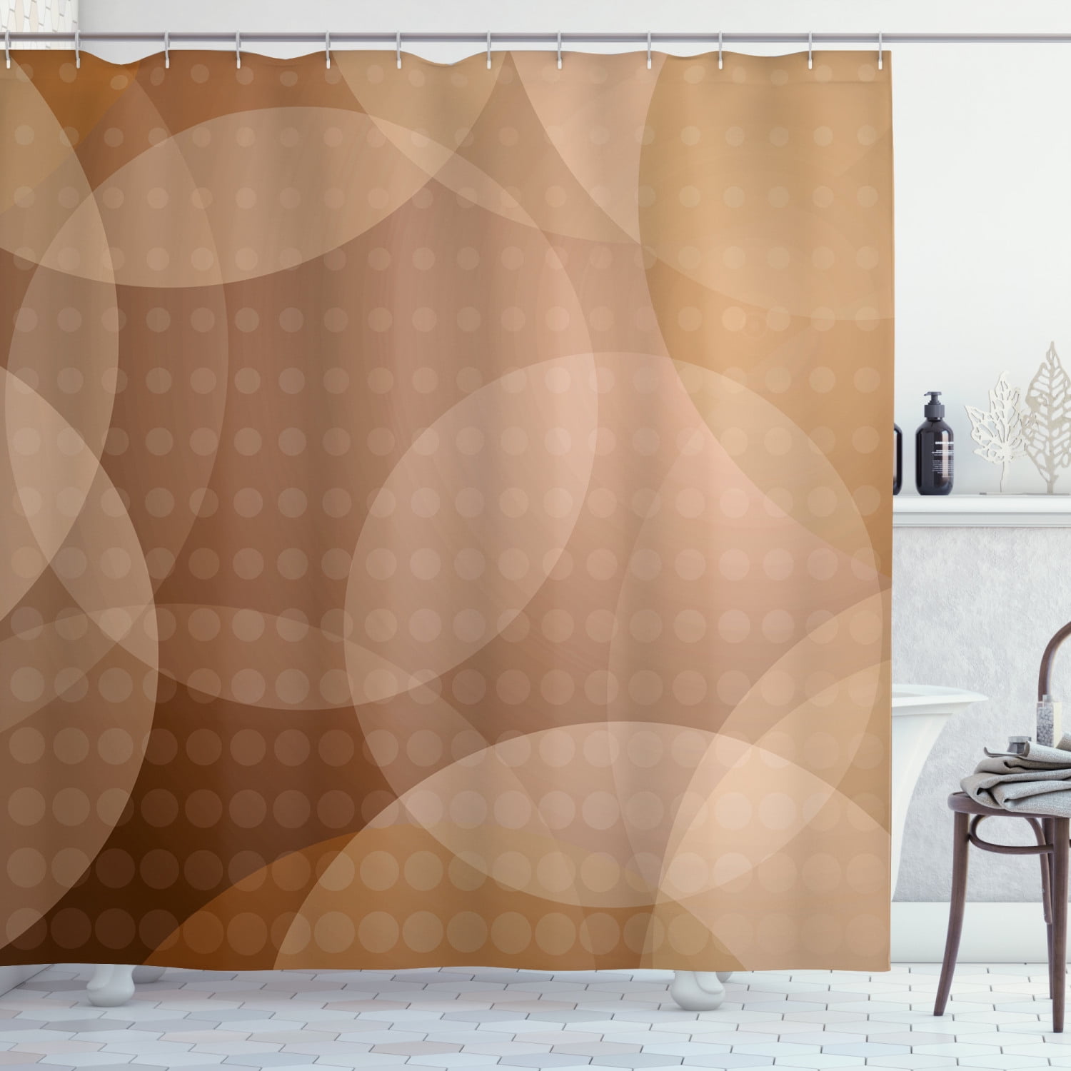 Tan Shower Curtain, Overlapping Circles with Big and Small Polka Dots
