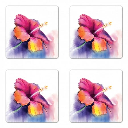 

Flower Coaster Set of 4 Hibiscus Flower in Pastel Abstract Colorful Romantic Petal Pattern Artwork Print Square Hardboard Gloss Coasters Standard Size Multicolor by Ambesonne