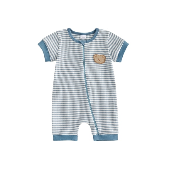 Cenuakty Baby Boys 0-18M Rompers Stripe Print Bear Embroidery Crew Neck Short Sleeve Infant Bodysuits Jumpsuits