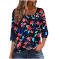 thumbnail image 2 of thefmos Women's Round Neck 3/4 Sleeve Button Pullover Top Print Loose Fit Casual Blouse Fashion Fall Summer Outfit, Blue 2XL, 2 of 5