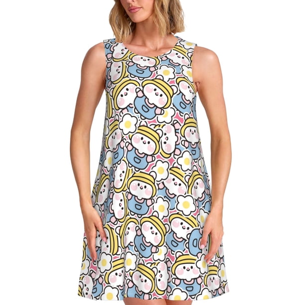Easygdp Cute Rabbit para Vestido Transpirable de Mujer, Vestido Suelto de Manga Corta con Pliegues y Bolsillos para el Verano