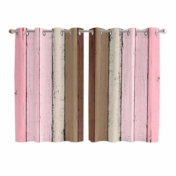Pink Wood Grain Kitchen Curtains 63 Inch Length, Brown Vintage Mottled Country Stripes Grommet Top Bedroom Living Room Curtains, Light Filtering Cafe Curtain Drapes 2 Panels Set 104''x63''