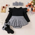 thumbnail image 4 of GYRATEDREAM Newborn Baby Girls Houndstooth Print Clothes Infant Long Sleeve Ribbed Ruffle Romper Dress Socks Headband 3Pcs Set Toddler Cotton Fall Winter Outfits Black for 1-18M, 4 of 8