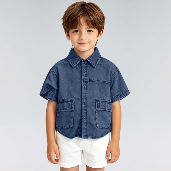 CAIVO Boys Shirts Denim Short Sleeve Shirt Casual Washed Tee For Kids Youth Comfortable Stylish Tops Blouses For Child , Dark Blue
