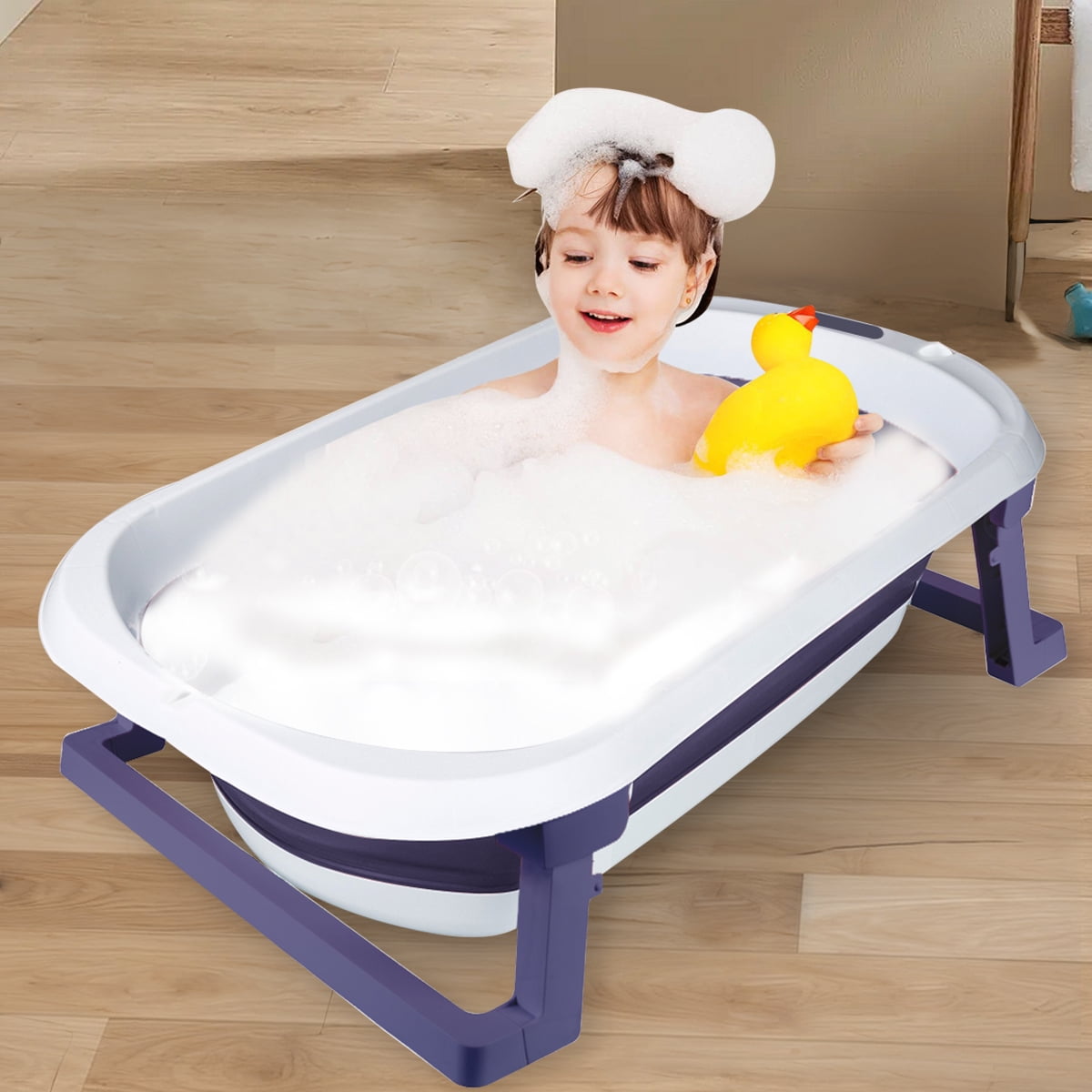 ANJORALA Foldable Baby Bath Tub with Toys, Portable Newborn Infant Bathtub, Blue+Net